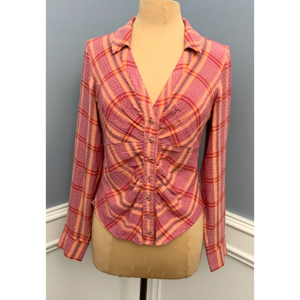 Anthroplogie Pilcro Shirt Womens S Ruched V-Neck Plaid Button-Up Boho Blouse Top